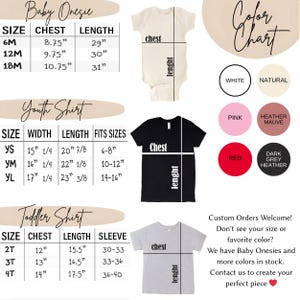 K&ouml;nnte beinhalten: Eine Gr&ouml;&szlig;entabelle f&uuml;r Baby-Bodys, Jugend-Shirts und Kleinkind-Shirts. Die Tabelle enth&auml;lt Ma&szlig;e in cm f&uuml;r Brust, L&auml;nge und &Auml;rmel. Farboptionen sind Wei&szlig;, Natur, Rosa, Heather Mauve, Rot und Dunkelgrau Heather.
