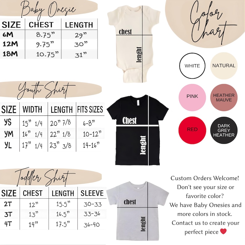 K&ouml;nnte beinhalten: Eine Gr&ouml;&szlig;entabelle f&uuml;r Baby-Bodys, Jugend-Shirts und Kleinkind-Shirts. Die Tabelle enth&auml;lt Ma&szlig;e in cm f&uuml;r Brust, L&auml;nge und &Auml;rmel. Farboptionen sind Wei&szlig;, Natur, Rosa, Heather Mauve, Rot und Dunkelgrau Heather.