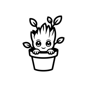 Può includere: Illustrazione in bianco e nero di un personaggio di un film popolare. Il personaggio è una creatura sorridente simile a una pianta con foglie che spuntano dalla testa, seduta in un semplice vaso di fiori.