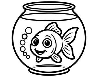 Goldfish Bowl SVG, Kawaii Pet Fish Cut File (Digital Download)
