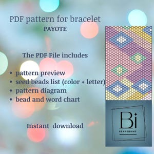 Könnte beinhalten: Ein digitales PDF-Muster für ein Armband mit einem PAYOTE-Design. Das Bild enthält eine Musteransicht, eine Saatperlenliste, ein Musterdiagramm und eine Perlen- und Worttabelle. Das Design zeigt ein farbenfrohes geometrisches Muster mit einem Logo "Bi BEADSHOME".