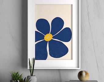 Minimalist Blue Flower Wall Art, Modern Botanical Abstract Print