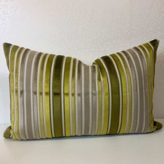 CHARTREUSE velvet cushion Lumbar pillow Chartreuse stripe pillow cover Chenille