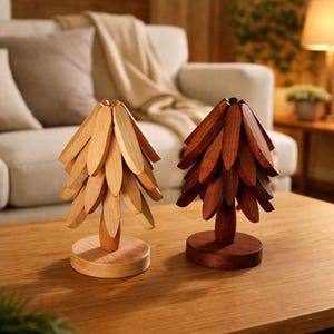 Peut inclure: Deux décorations en bois en forme d'arbres, l'une claire et l'autre foncée. Chaque arbre a une base ronde et un sommet conique fait de feuilles de bois superposées. Elles sont posées sur une table en bois, devant un canapé.
