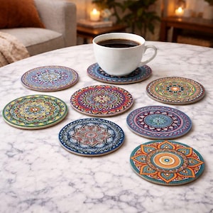 Puede incluir: Un conjunto de posavasos redondos y coloridos con intrincados diseños de mandala. Los posavasos presentan una variedad de colores, incluyendo azul, verde, naranja y morado. Una taza de café blanca descansa sobre uno de los posavasos.