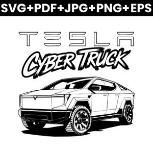 Op de afbeelding: Zwart-wit illustratie van een Tesla Cybertruck. Het woord "TESLA" staat boven de truck en "CYBER TRUCK" is geschreven in een vetgedrukte, gestileerde letter. De truck heeft een uniek hoekig ontwerp met grote wielen.