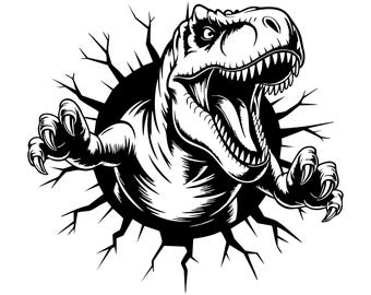 May include: A black and white illustration of a Tyrannosaurus Rex bursting through a circular hole. The dinosaur has its mouth open, revealing sharp teeth, and its claws are extended. The background is white.