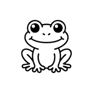 Puede incluir: Ilustración de dibujos animados en blanco y negro de una rana. La rana tiene ojos grandes y redondos, una boca sonriente y patas y pies detallados. El diseño es simple y limpio, adecuado para diversas aplicaciones.