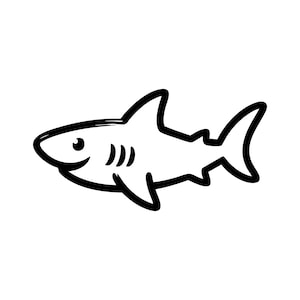 Può includere: Illustrazione a fumetto in bianco e nero di uno squalo. Lo squalo è disegnato con linee spesse e audaci e presenta un volto sorridente, una pinna dorsale e una pinna caudale. L'immagine è ambientata su uno sfondo bianco.