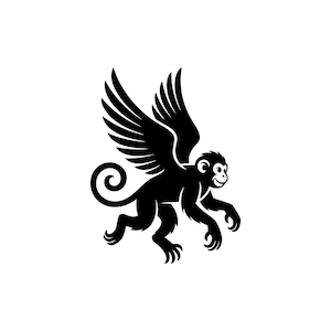 May include: A black and white illustration of a monkey with large wings. The monkey is depicted in a walking pose with a curled tail and a smiling expression. The wings are spread wide, suggesting flight.