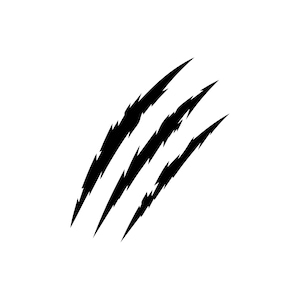 Può includere: Illustrazione grafica di tre segni di artigli neri su sfondo bianco. I segni degli artigli sono frastagliati e angolati, suggerendo un effetto di strappo o graffio. Il design è semplice e audace.