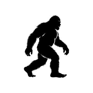May include: A black silhouette of a Bigfoot creature walking to the right. The image shows the creature's full body, with a focus on its large feet, muscular build, and shaggy fur. The background is plain white.