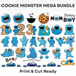 May include: A collection of blue Cookie Monster graphics, cookies, numbers, and text elements. Includes the phrases "COOKIE MONSTER MEGA BUNDLE", "Birthday BOY", "MOM", "1", "2", "3", "Boo!", "Are you making cookies?!", and "Print & Cut Ready".