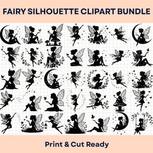 Peut inclure: Une collection numérique de silhouettes de fées noires sur un fond quadrillé blanc, intitulée FAIRY SILHOUETTE CLIPART BUNDLE et Print & Cut Ready. Les images présentent diverses figures ailées posant avec des lunes, étoiles, fleurs et papillons.