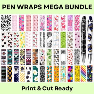 Puede incluir: Una colección de coloridas envolturas para bolígrafos con varios patrones, incluyendo estampados de animales, corazones y diseños florales. También se incluyen dos bolígrafos con diseños decorativos. Se muestra el texto "PEN WRAPS MEGA BUNDLE" y "Print & Cut Ready".