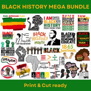 Pode incluir: Um conjunto de designs gráficos com o texto "Black History Mega Bundle". Os designs incluem a bandeira pan-africana, silhuetas e texto como "Black History Month", "Juneteenth" e "Freedom". A paleta de cores inclui verde, amarelo, vermelho, preto e branco.