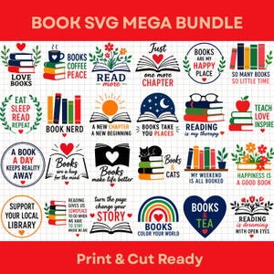 May include: A digital collection of twenty-five book-themed graphic designs arranged in a grid. Each design features colorful illustrations of books, hearts, flowers, and cats, accompanied by motivational text phrases like Books Coffee Peace and Read More.