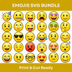 May include: A digital collection of yellow circular emoji icons arranged in a grid, labeled EMOJIS SVG BUNDLE and Print & Cut Ready. The set features various facial expressions including smiling, crying, angry, sleeping, and wearing glasses.