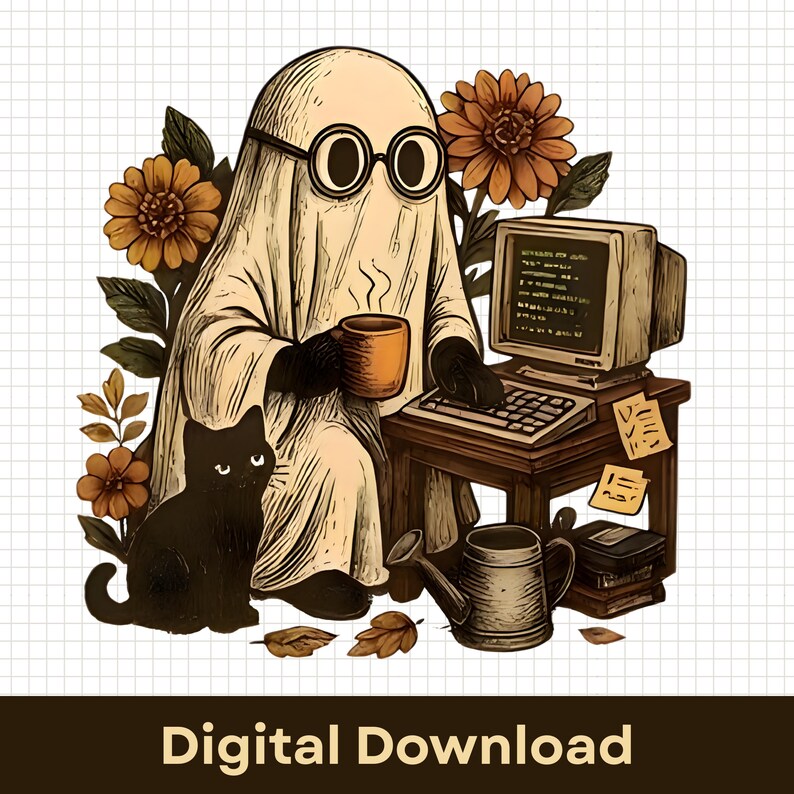 Ghost Using Computer Svg Cozy Ghost Character SVG PNG Bundle, Cute Clipart Set, Halloween Ghost ...
