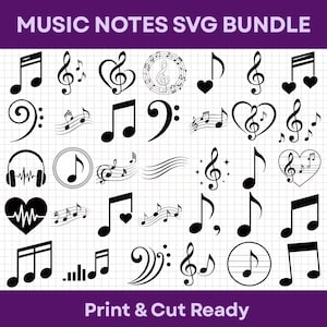 Pode incluir: Uma coleção digital de ícones de notas musicais pretas em um fundo de grade branca, com claves de sol, claves de fá, corações e fones de ouvido. O banner superior diz MUSIC NOTES SVG BUNDLE e o inferior diz Print & Cut Ready.