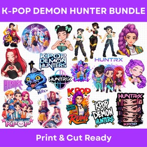 Peut inclure: Un ensemble numérique sur le thème de K-Pop Demon Hunter, comprenant des illustrations de personnages et des logos. Les graphiques sont de différentes couleurs et incluent le texte "Print & Cut Ready". Les motifs sont prêts à être imprimés et découpés.