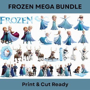 Puede incluir: Un paquete gráfico digital con personajes de la película "Frozen". La imagen incluye a Elsa, Anna, Olaf y Sven en varias poses, con el texto "FROZEN MEGA BUNDLE" y "Print & Cut Ready".