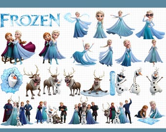 Puede incluir: Un paquete gráfico digital con personajes de la película "Frozen". La imagen incluye a Elsa, Anna, Olaf y Sven en varias poses, con el texto "FROZEN MEGA BUNDLE" y "Print & Cut Ready".