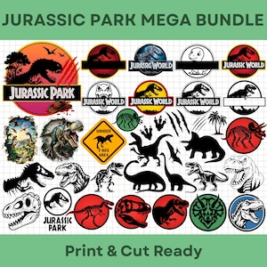 May include: A collection of Jurassic Park themed graphics, including logos, dinosaur silhouettes, and illustrations. The designs feature various dinosaurs, the Jurassic Park logo, and the text "Print & Cut Ready".