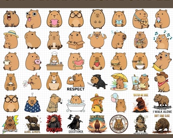 Paquete de 50 lindos Svg PNG de capibara, lindo clipart de capibara, animal Svg PNG, archivos Cricut DXF, dibujos animados de capibara Svg para camisetas, descarga instantánea.