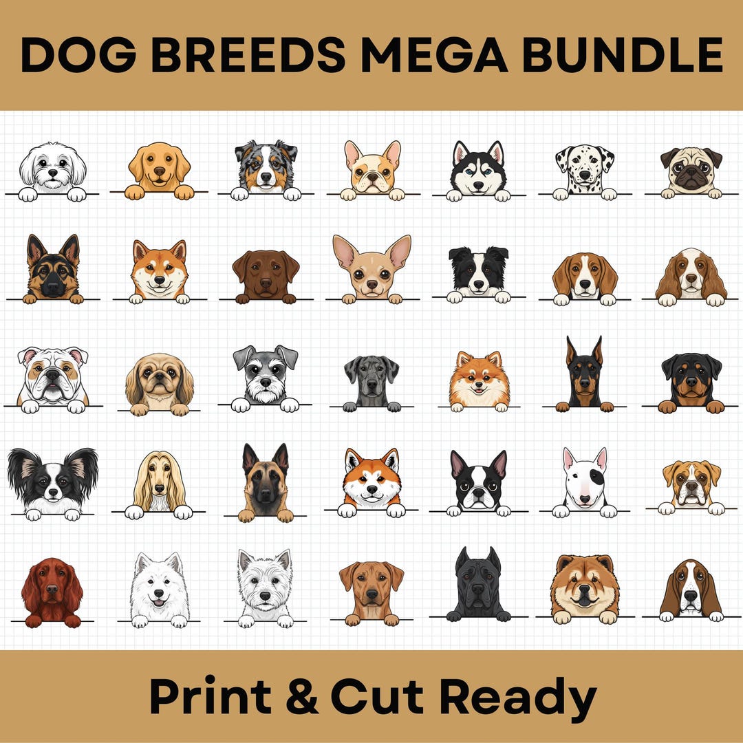 35 Dog Breeds Svg Png Bundle, Cute Dog Faces Clipart Set Svg Png Dxf ...