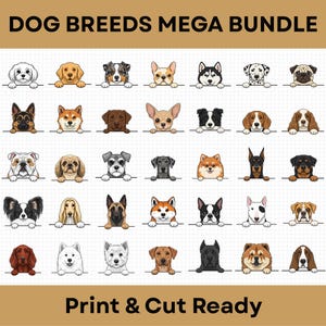 May include: A collection of illustrated dog breeds, including a Dalmatian, Pug, and German Shepherd. The text "DOG BREEDS MEGA BUNDLE" is at the top, with "Print & Cut Ready" at the bottom. The dogs are in a variety of colors.