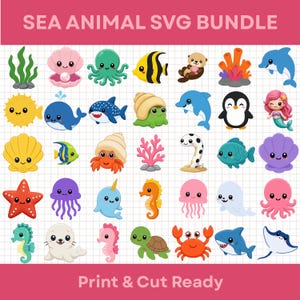 May include: A digital collection of sea animal illustrations titled SEA ANIMAL SVG BUNDLE, featuring various colourful cartoon creatures including an octopus, whale, dolphin, crab, turtle, seahorse, jellyfish, and mermaid on a grid background.