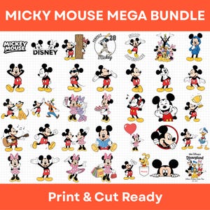 Könnte beinhalten: Eine Sammlung digitaler Designs von Mickey Mouse und Minnie Mouse in verschiedenen Posen und Stilen. Die Designs beinhalten Mickey Mouse mit den Texten "Mickey Mouse", "Disney", "Perfect", "Stay Awesome" und "Disneyland". Der Text "Print & Cut Ready" ist ebenfalls enthalten.