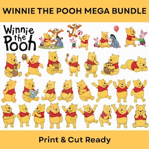 May include: A selection of Winnie the Pooh character illustrations. The images show Pooh Bear in different poses, alongside Tigger, Piglet, and Eeyore. The text at the top reads "Winnie the Pooh Mega Bundle" and "Print & Cut Ready" at the bottom.
