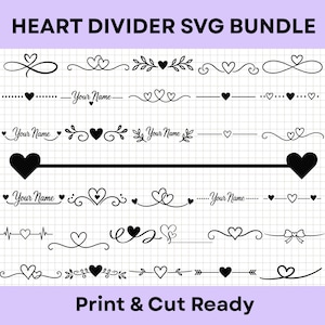 Puede incluir: Una colección digital de divisores y adornos negros con temática de corazones sobre un fondo de cuadrícula blanco. El texto HEART DIVIDER SVG BUNDLE y Print & Cut Ready aparece arriba y abajo. Los diseños incluyen varios estilos de líneas.