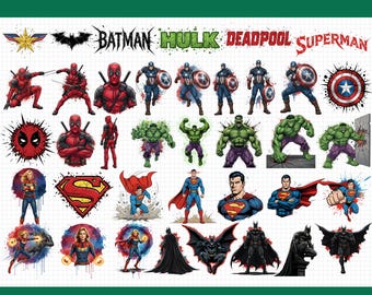 40 種類のスーパーヒーロー キャラクター SVG PNG バンドル、ヒーロー クリップアート、コミック スタイル DXF PNG、アクション ヒーロー カット ファイル、Cricut シルエット ファイル、即時ダウンロード。