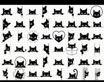 Peeking Black Cat SVG Bundle - Peeking Cat PNG, Kitty Silhouette Clipart, Halloween Cat Cut Files for Cricut, Pet Lover Digital Download