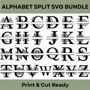 May include: An alphabet split SVG bundle featuring black capital letters A through Z on a white grid background. Each letter is horizontally divided with decorative floral, leaf, or mandala patterns integrated into the design. Text reads ALPHABET SPLIT SVG BUNDLE and Print & Cut Ready.