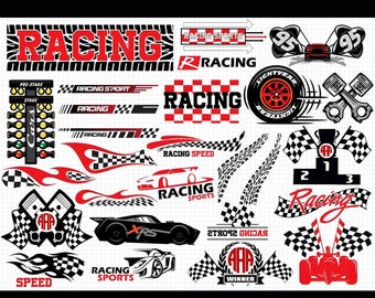 Puede incluir: Una colección de gráficos con temática de carreras en rojo, negro y blanco. Incluye banderas a cuadros, ilustraciones de coches, texto de carreras y el texto "Print & Cut Ready".