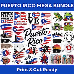 Pode incluir: Uma coleção de gráficos com tema de Porto Rico, incluindo bandeiras, sapos e paisagens urbanas. Os designs apresentam as cores vermelho, branco e azul. O texto inclui "Puerto Rico Mega Bundle" e "Print & Cut Ready".
