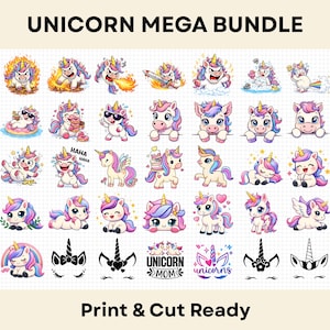 Op de afbeelding: Een verzameling kleurrijke eenhoornontwerpen met de tekst "Unicorn Mega Bundle" en "Print & Cut Ready". De eenhoorns hebben verschillende uitdrukkingen en poses, met regenboogmanen en hoorns. Sommige ontwerpen bevatten harten en taarten.