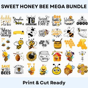May include: A collection of bee-themed graphics with text like "Sweet Honey Bee Mega Bundle", "Show Me The Honey", and "Save the Bees". The designs include cartoon bees, honeycombs, and honey pots, all in yellow, black, and white.