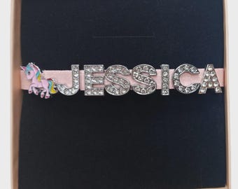 Girls Personalised Unicorn Bracelet | Custom Name Rhinestone Jewellery Gift Birthday Gift