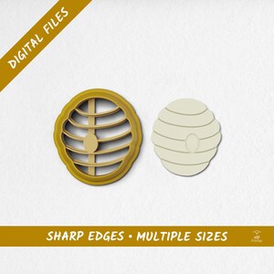 May include: Two cookie cutters in the shape of a beehive. One is yellow and has a cut-out design, the other is off-white and solid. Text at the top reads "DIGITAL FILES" and at the bottom "SHARP EDGES • MULTIPLE SIZES".