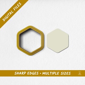 May include: A yellow hexagon-shaped cookie cutter and a matching solid hexagon shape are displayed against a white background. The text "DIGITAL FILES" and "SHARP EDGES • MULTIPLE SIZES" are also visible.
