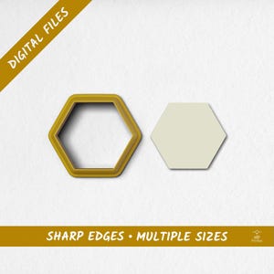May include: A yellow hexagon-shaped cookie cutter and a beige hexagon. The image includes the text "DIGITAL FILES" and "SHARP EDGES • MULTIPLE SIZES".