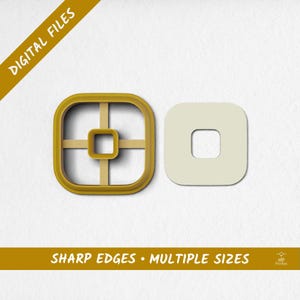 Puede incluir: Un cortador de galletas cuadrado amarillo con un recorte cuadrado más pequeño en el centro, junto a un cuadrado color crema con un recorte cuadrado. El texto dice "ARCHIVOS DIGITALES" y "BORDES AFILADOS • MÚLTIPLES TAMAÑOS".