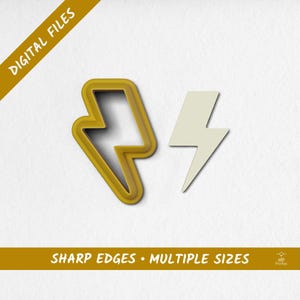 May include: Two lightning bolt-shaped cookie cutters. One is outlined in yellow, the other is solid off-white. The text "DIGITAL FILES" and "SHARP EDGES • MULTIPLE SIZES" are displayed in the image.