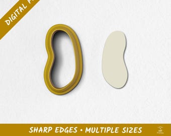 May include: A yellow cookie cutter in the shape of a bean, with a matching bean-shaped cutout. The image includes the text "DIGITAL FILES" and "SHARP EDGES • MULTIPLE SIZES".