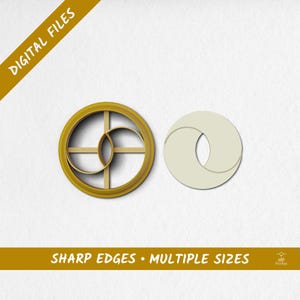 Peut inclure: Un emporte-pièce circulaire doré avec un motif ovale qui s'entrecroise, à côté d'une découpe crème de la même forme. Le texte indique "DIGITAL FILES" et "SHARP EDGES • MULTIPLE SIZES".